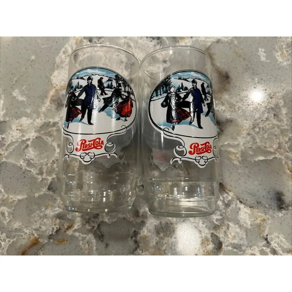 Two Vintage collectible Pepsi-Cola Glasses Horse Pulling Sleigh Winter Holiday
